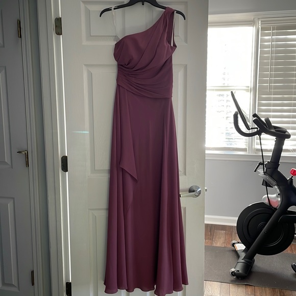 one shoulder georgette cascade bridesmaid dress Silk Georgette One Shoulder Cascade Gown 8 / Ruby Red GO main image 0
